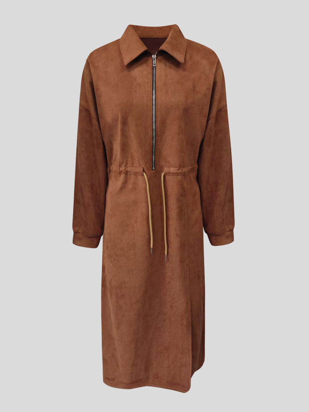 Faux Suede Zip-Front Drawstring Midi Shirt Dress