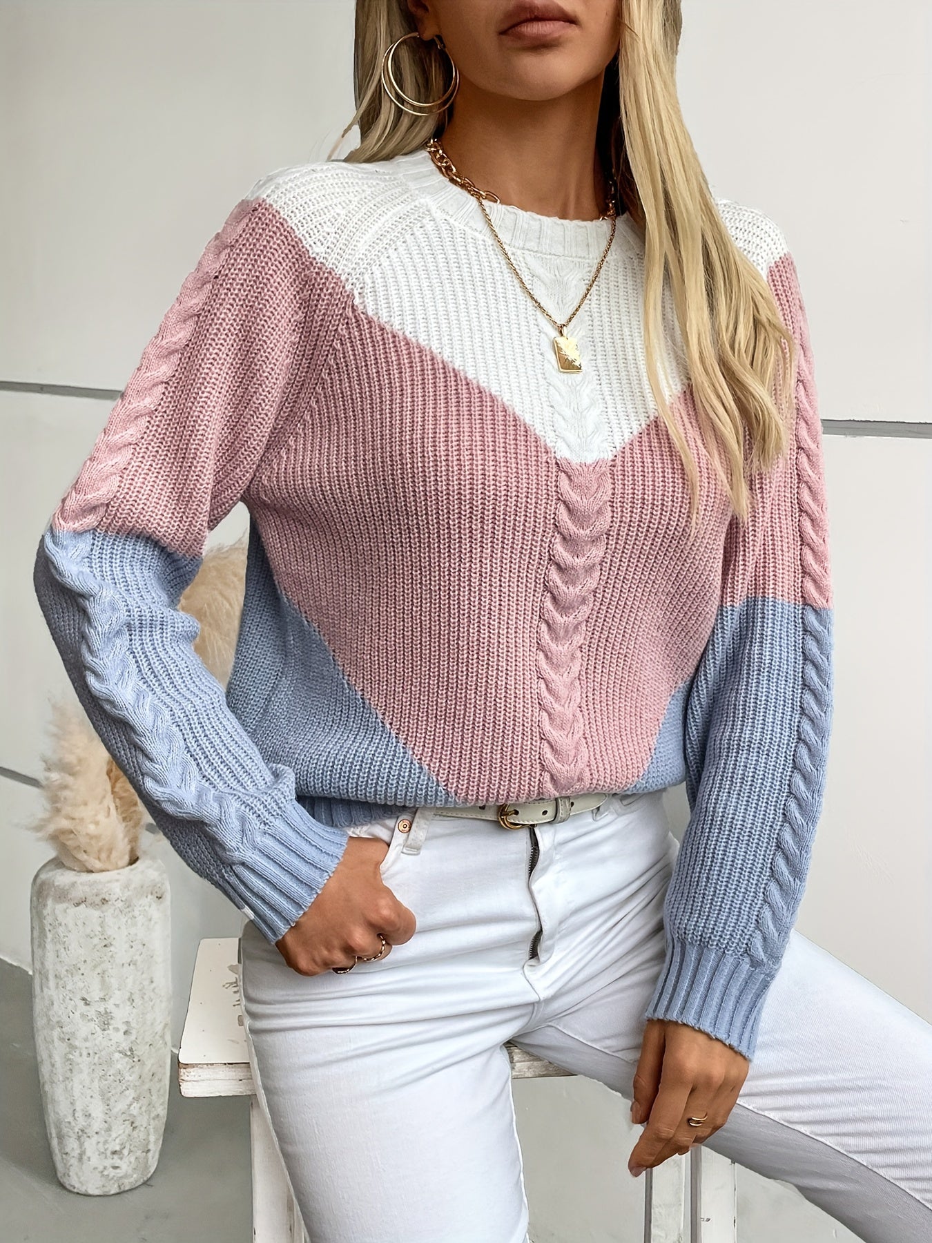 Chevron Color Block Cable Knit Sweater
