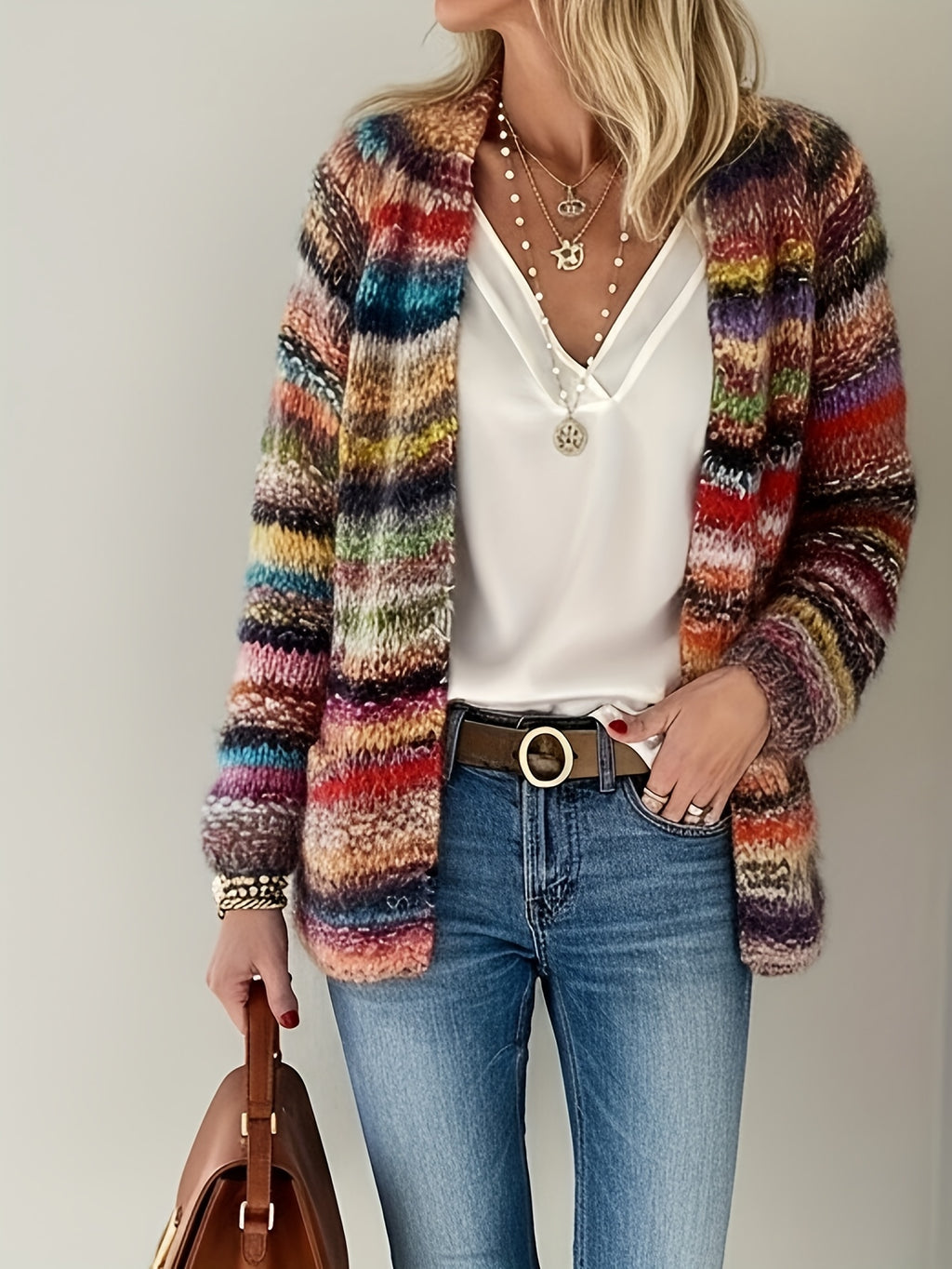 Multicolor Striped Fuzzy Knit Cardigan