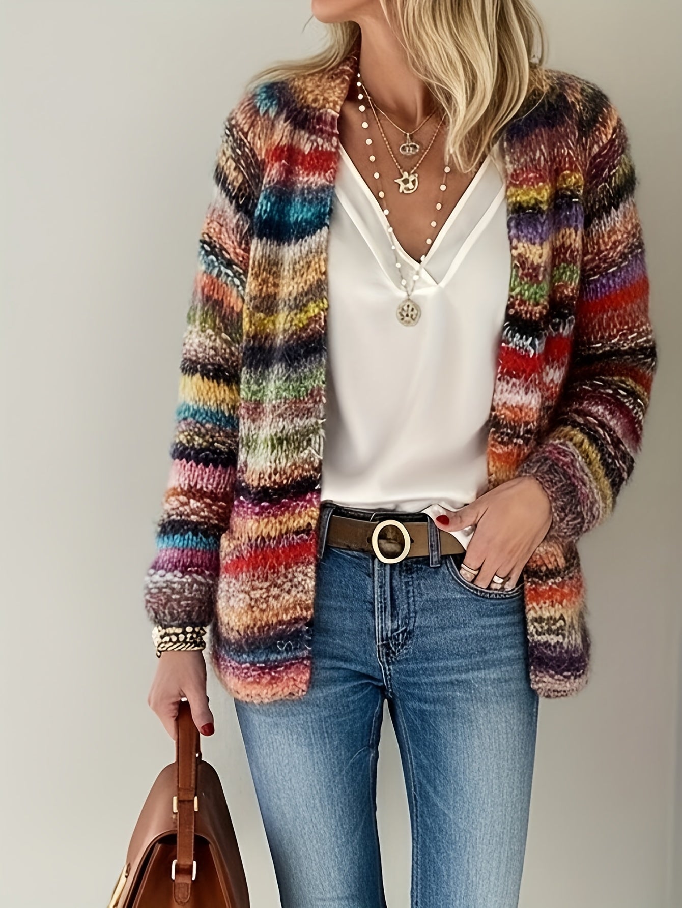 Multicolor Striped Fuzzy Knit Cardigan