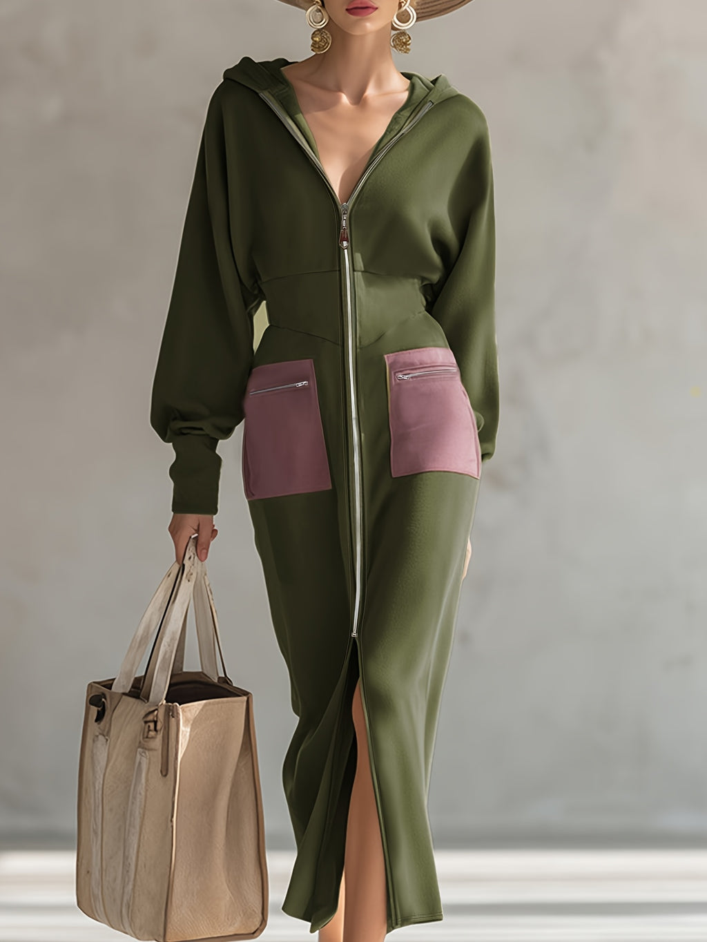 Hooded Zip-Front Midi Dress