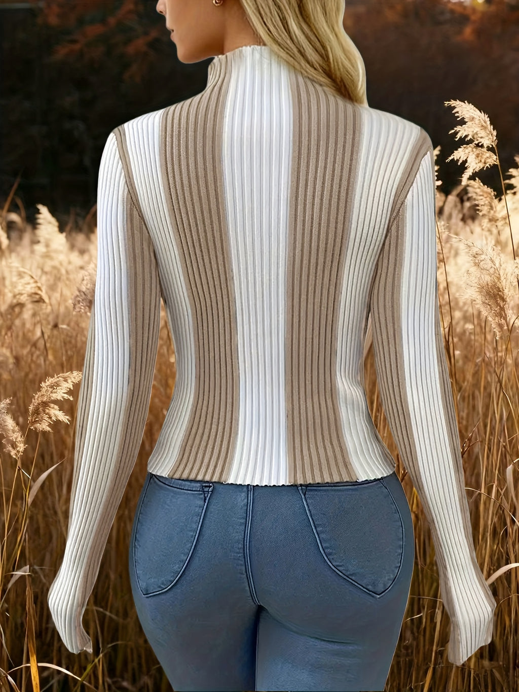 Two-Tone Ribbed Turtleneck Sweater