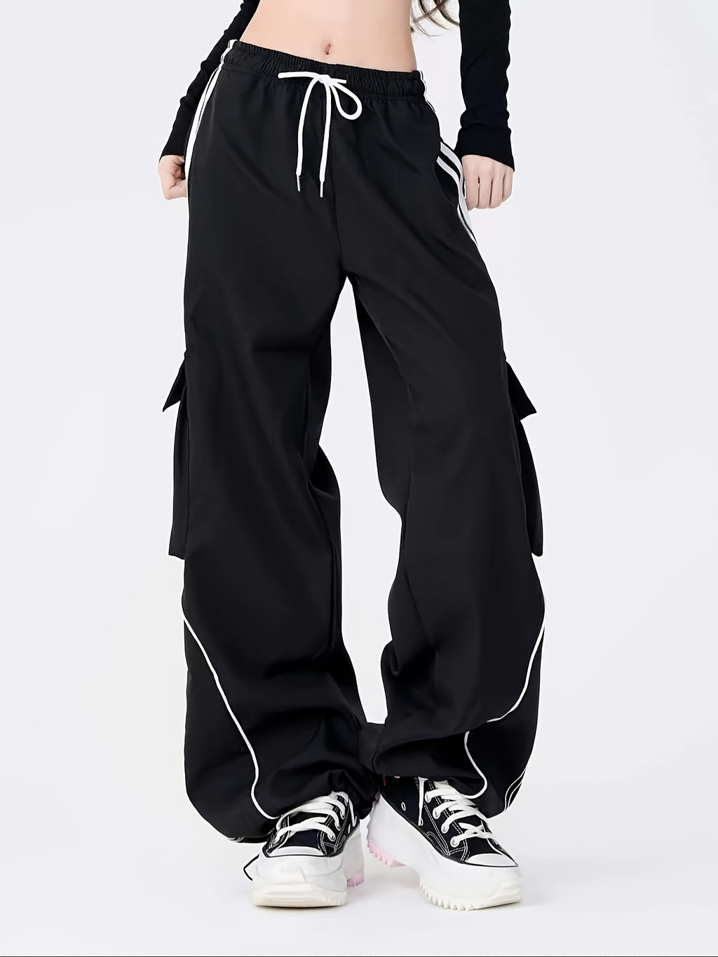 Streetwear Contrast Piping Parachute Cargo Pants