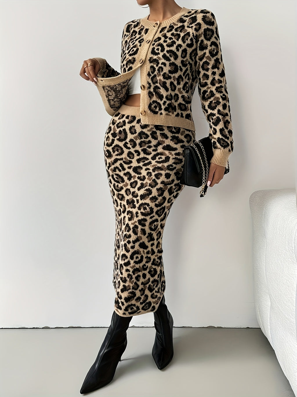 Leopard Print Knit Cardigan & Midi Skirt Two-Piece Set