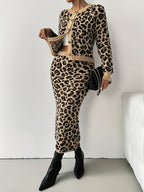 Leopard Print Knit Cardigan & Midi Skirt Two-Piece Set