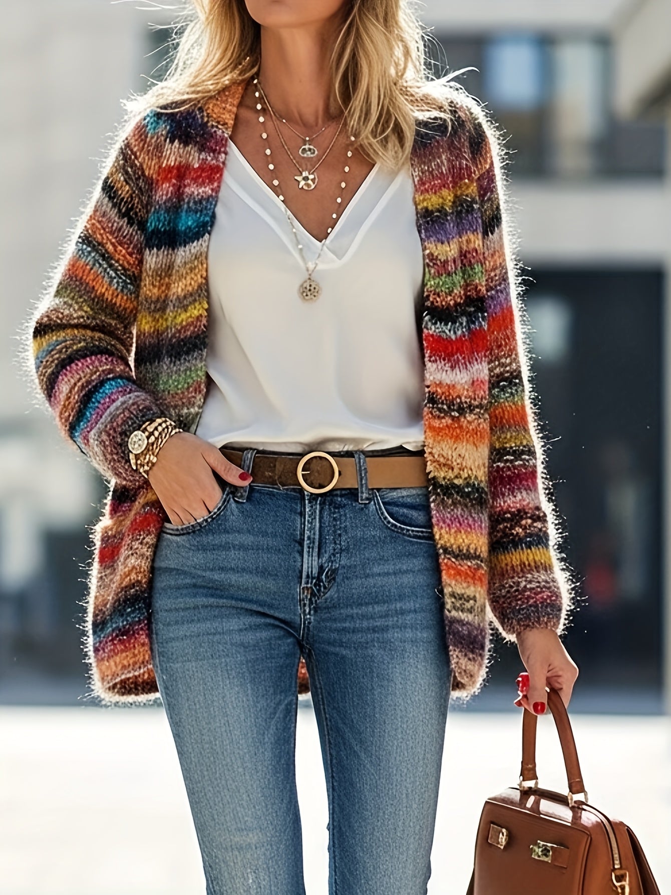 Multicolor Striped Fuzzy Knit Cardigan