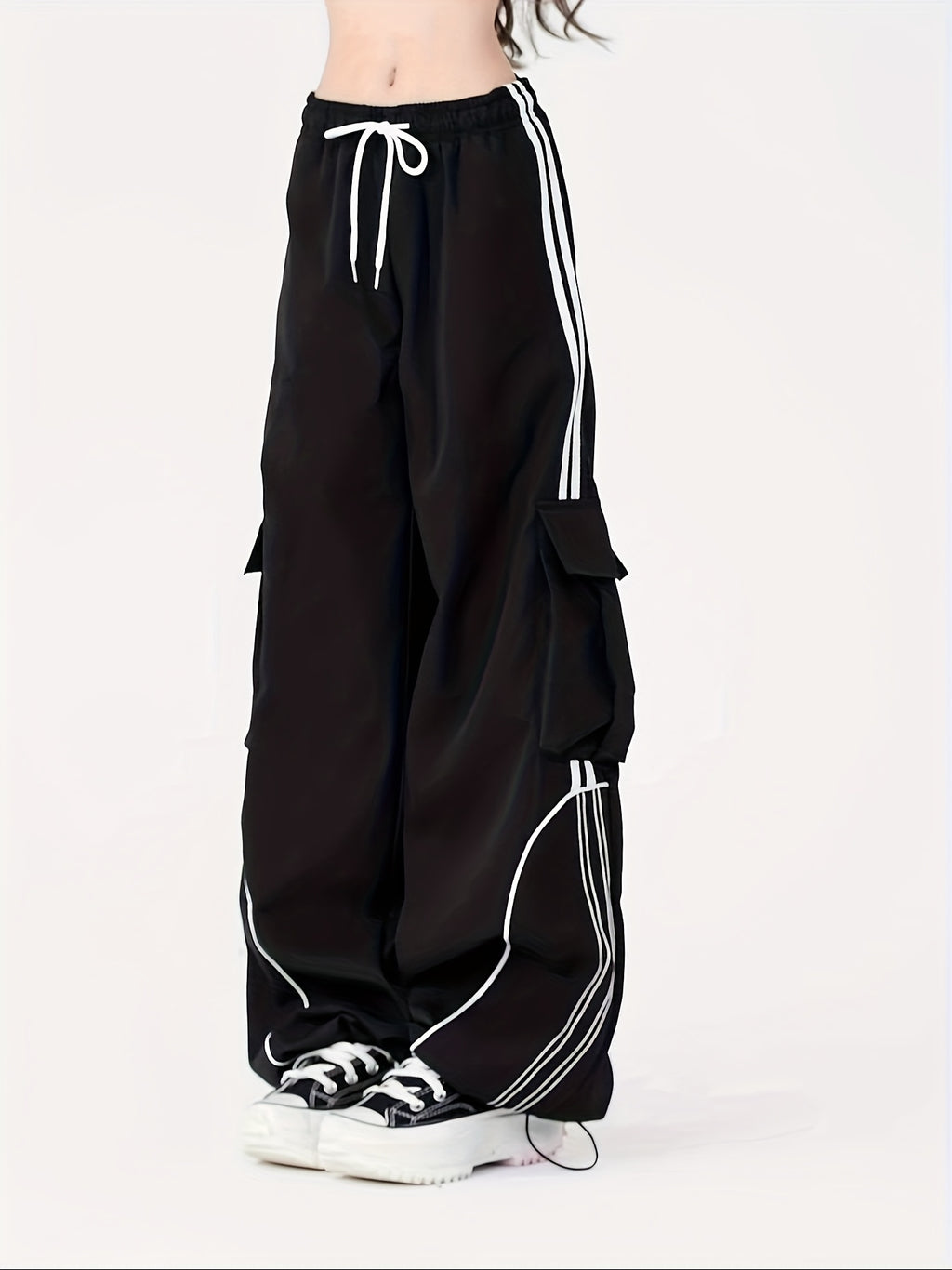 Streetwear Contrast Piping Parachute Cargo Pants