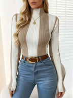 Two-Tone Ribbed Turtleneck Sweater