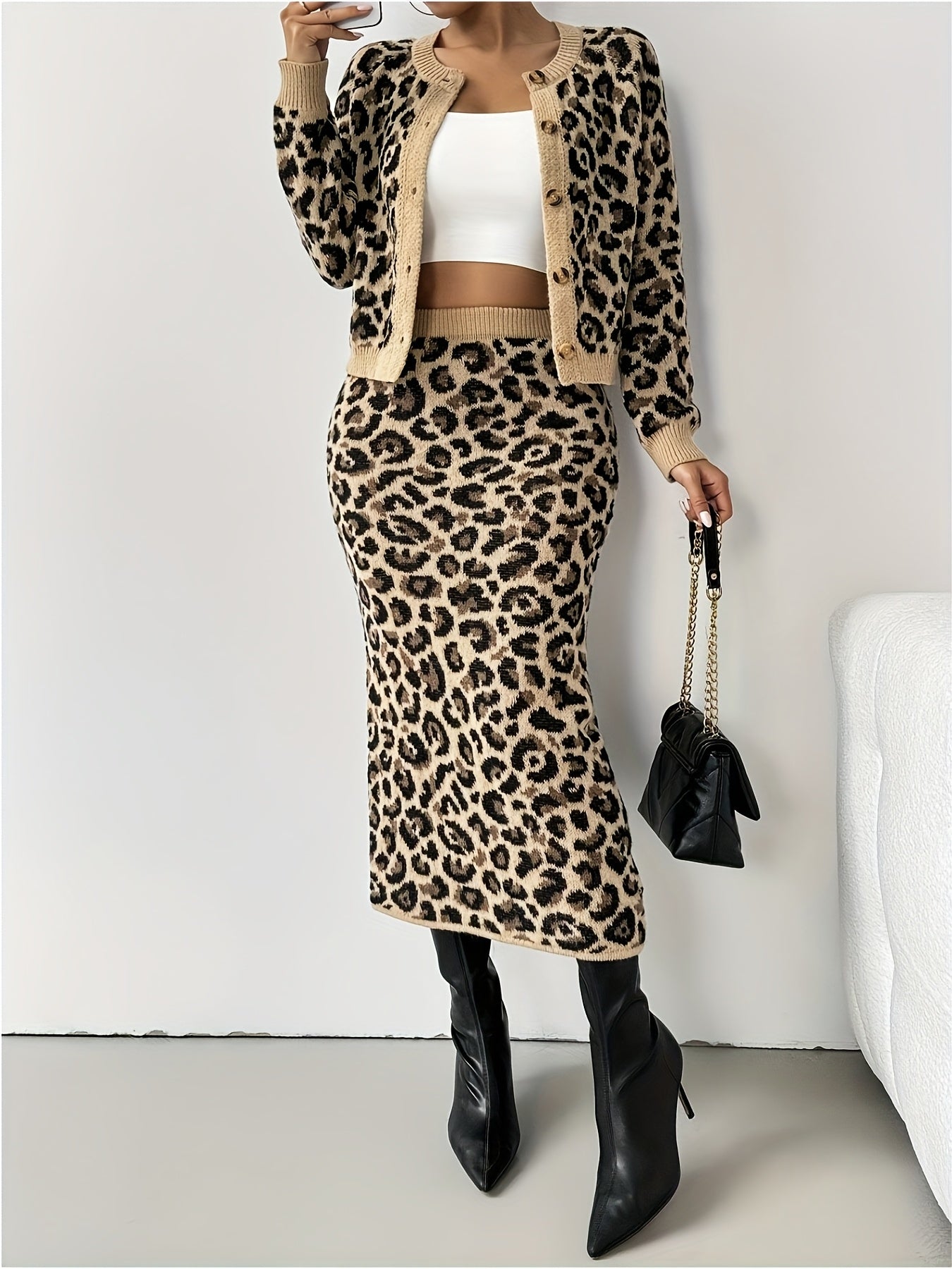 Leopard Print Knit Cardigan & Midi Skirt Two-Piece Set