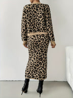 Leopard Print Knit Cardigan & Midi Skirt Two-Piece Set