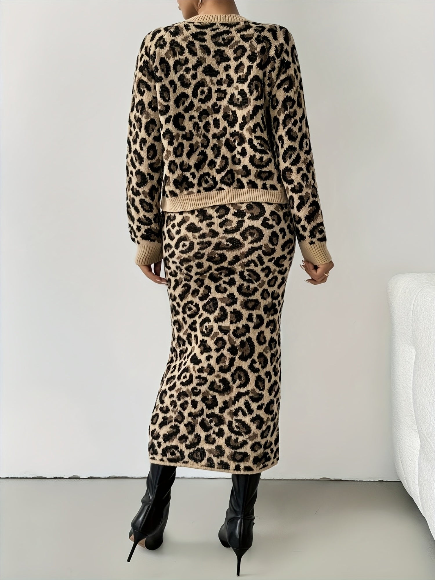 Leopard Print Knit Cardigan & Midi Skirt Two-Piece Set