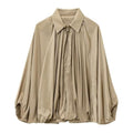 Women's Puffed Bomber Jacket Oversized Streetwear Casual Batwing Sleeve Lapel Collar Zip Front Pleated Shirts