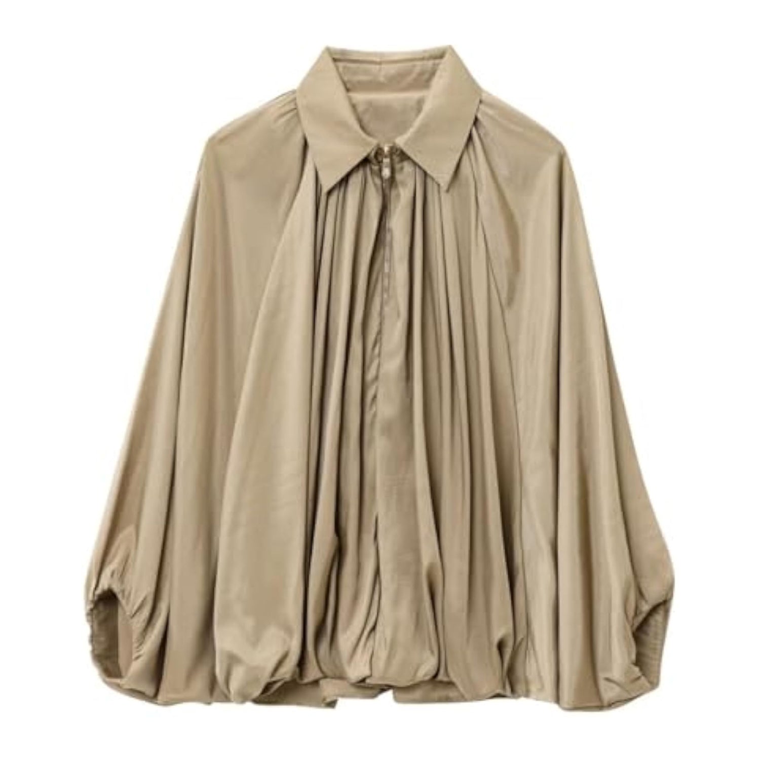 Women's Puffed Bomber Jacket Oversized Streetwear Casual Batwing Sleeve Lapel Collar Zip Front Pleated Shirts
