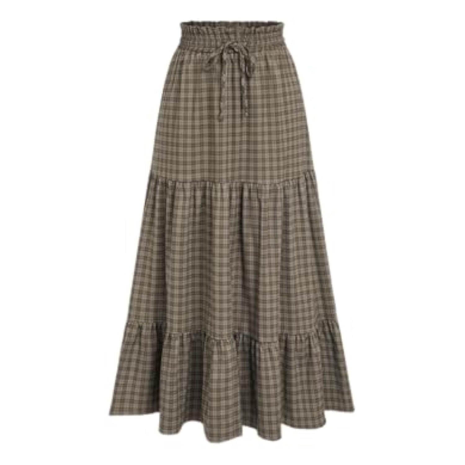Elastic Waist Check Knotted Tiered Maxi Skirt