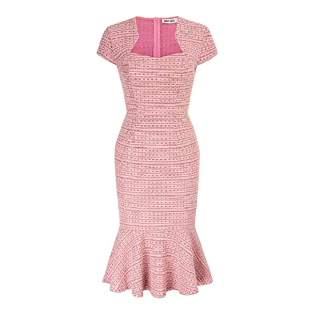 Womens Elegant Cap Sleeve Fishtail Tweed Cocktail Bodycon Dress