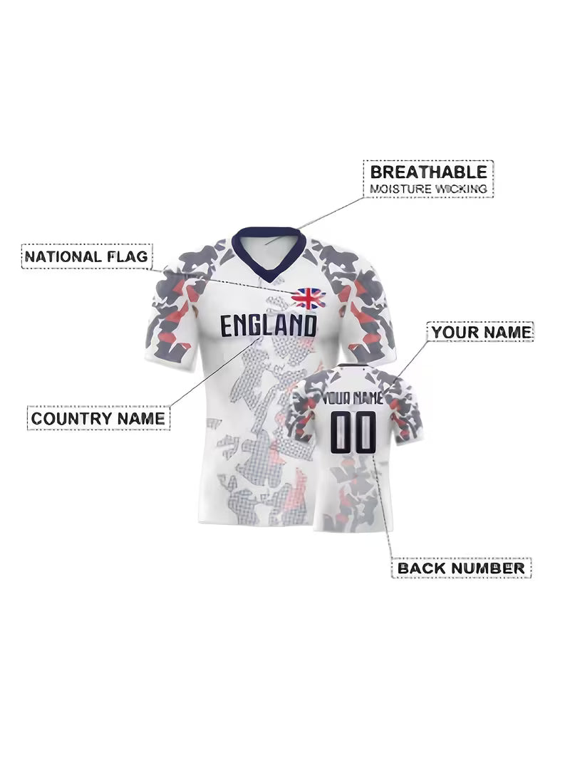 Men's/Women's England Jersey / Custom graphic printed football / Personalized name and number / Authentic sports football / Breathable polyester V-neck / Inspired by the England flag / Ideal gift for practice football matches