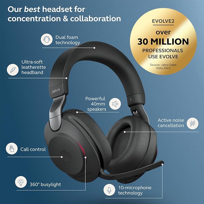 Jabra Evolve2 85 Wireless PC Headset – Noise Cancelling UC Certified Stereo Headphones With Long-Lasting Battery – USB-C Bluetooth Adapter – Black