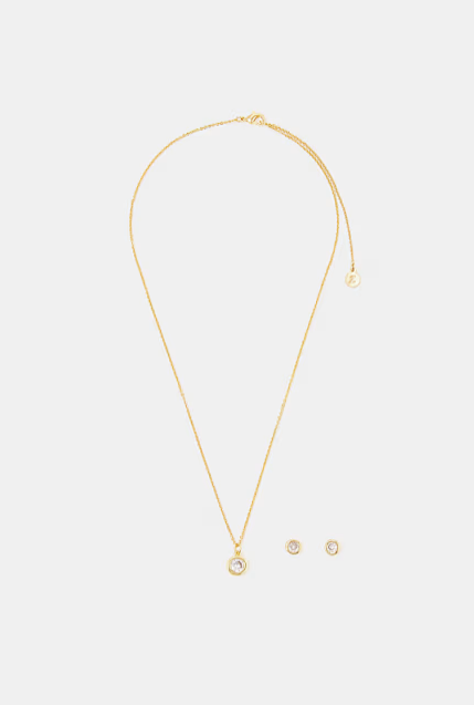 Accessorize gem set stud and pendant necklace gift set in 14k gold plated