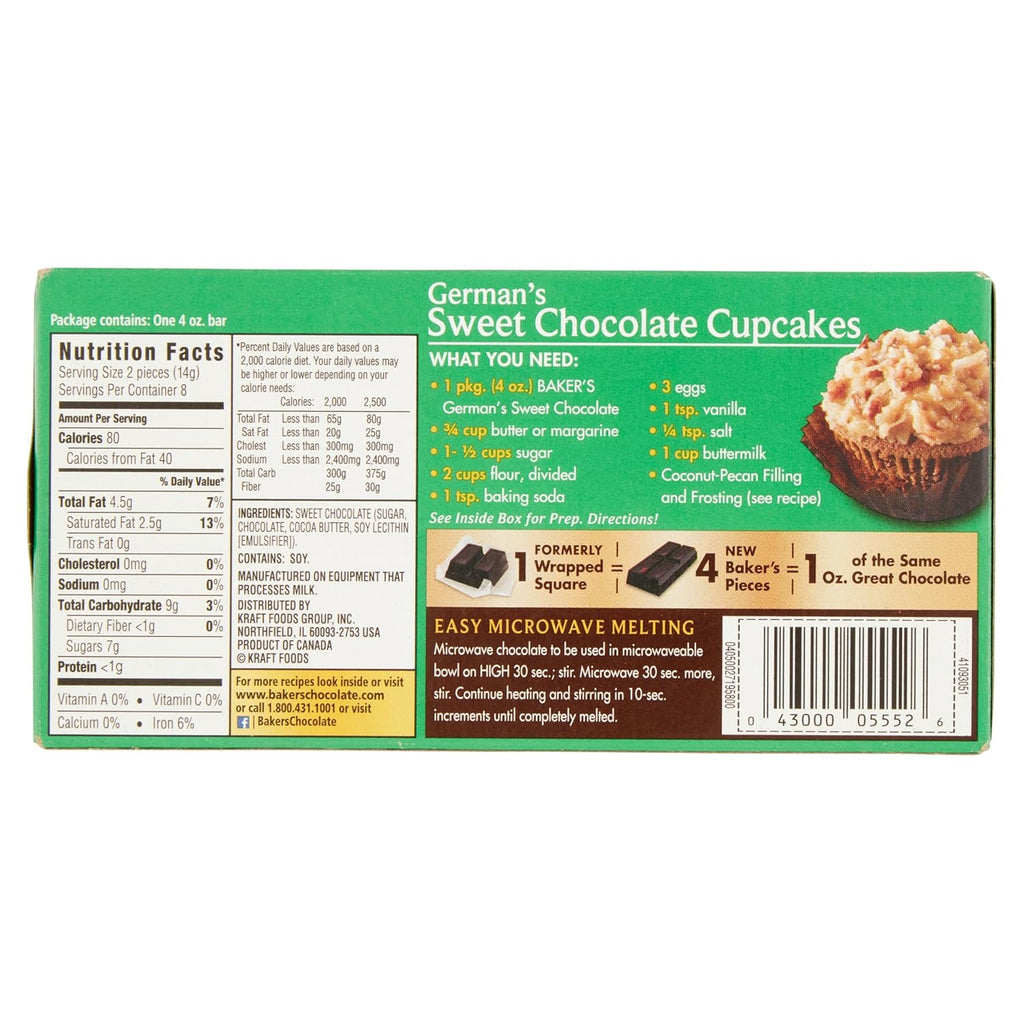 Lot of 2 Baker's 4 oz. Sweet Chocolate Bar-German's All Natural 48% Cacao