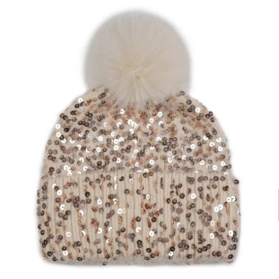 PEACH ACCESSORIES Sequin Balaclava Pompom Hat and Gloves Set
