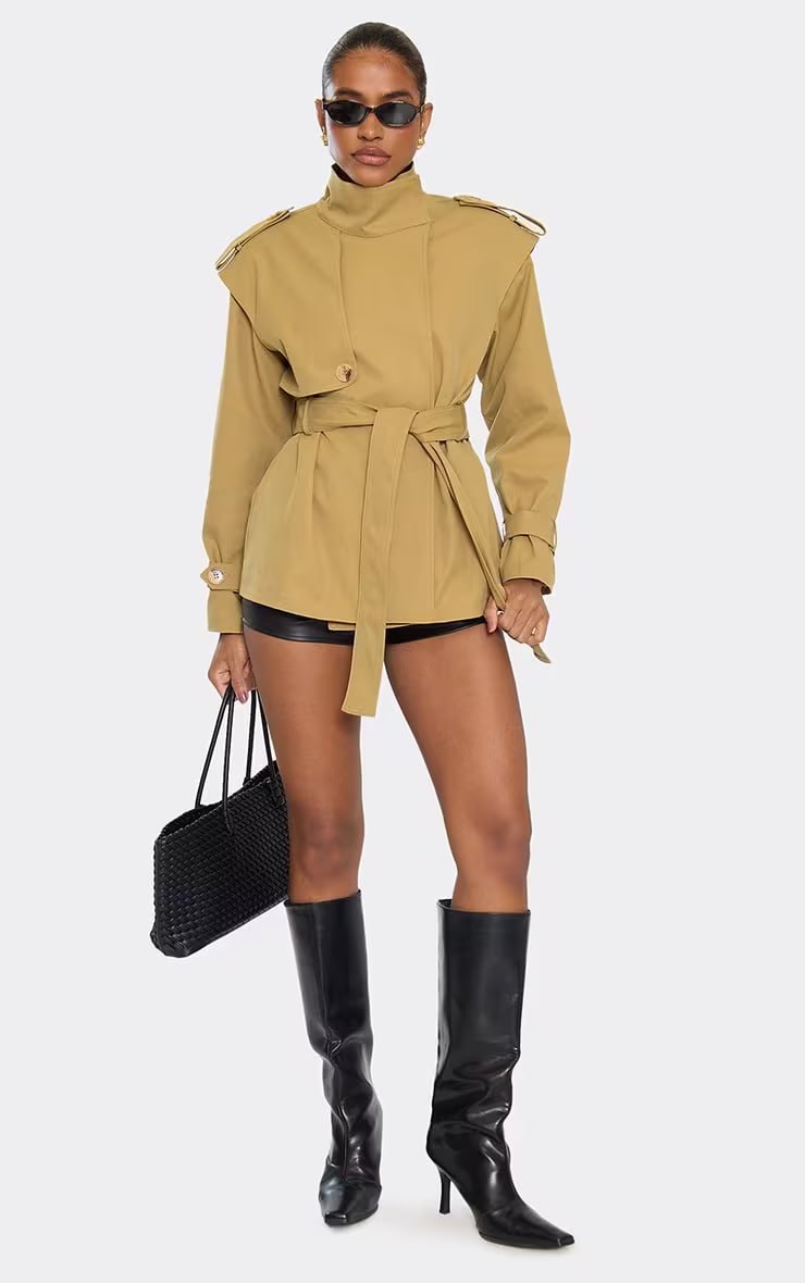 High Neck Belted Waist Short Trench Coat In Taupe