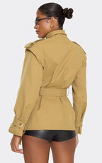 High Neck Belted Waist Short Trench Coat In Taupe