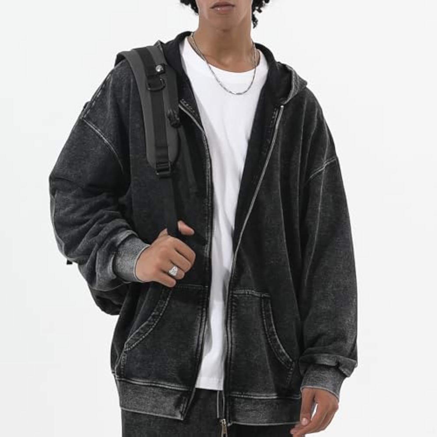 Oversized Vintage Cotton Jacket Acid Wash Grunge Basic Zip Up Hoodie For Women Distressed Baggy Long Sleeve Tops
