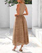 Women Summer Dresses Casual Sleeveless Crewneck A-Line Boho Lace Eyelet Cotton Tank Maxi Dress with Pockets