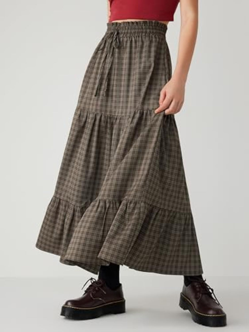 Elastic Waist Check Knotted Tiered Maxi Skirt